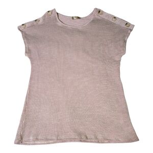 Lavish Womens Sz XL Blouse Top Pink And White Striped  Ribbed With Button Detail